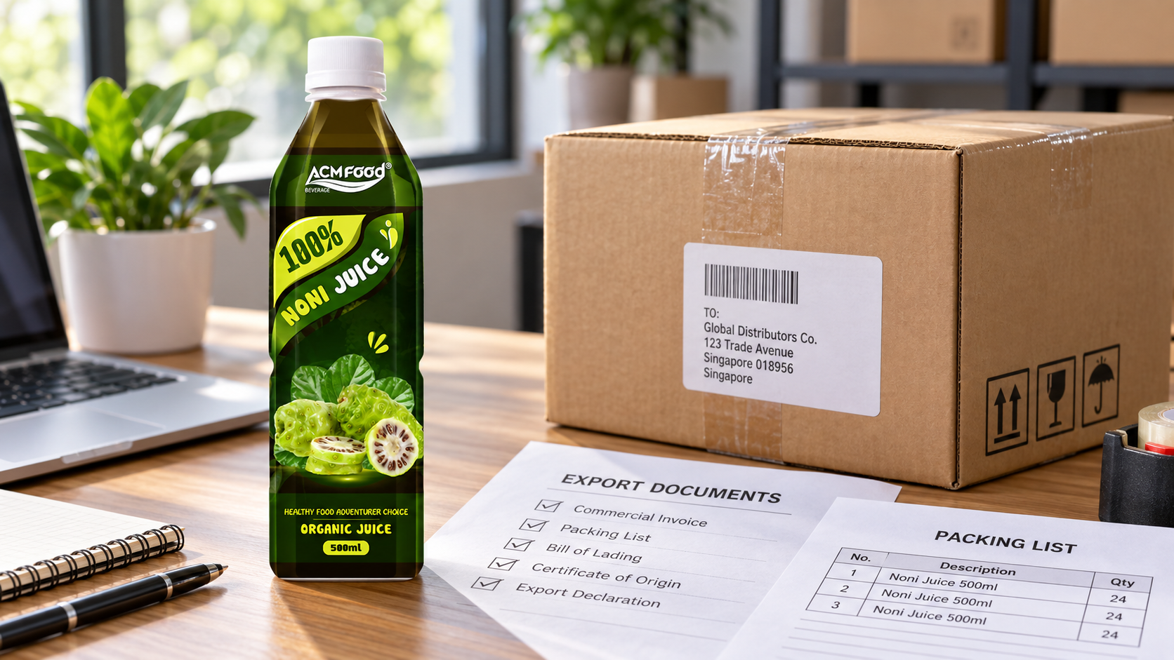Export documents and a packing list laid on a desk beside a sealed shipping carton